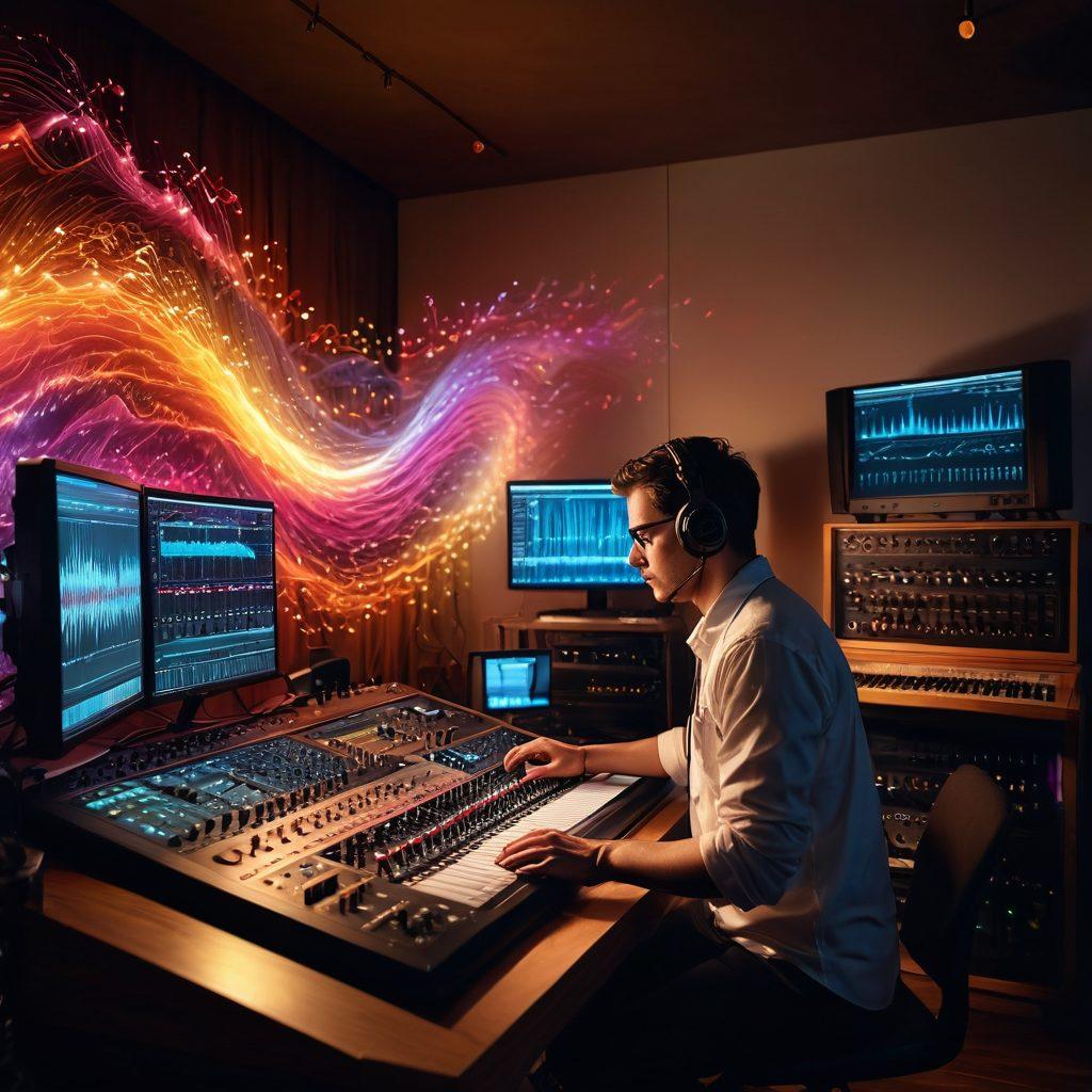 A captivating sound engineer adjusting intricate audio equipment, surrounded by a vibrant sound wave visualization that flows around the room. The scene reflects a cozy, creative studio environment, enhanced by warm lighting and musical notes drifting through the air, emphasizing the heart of sound. super-realistic. vibrant colors. cozy atmosphere.