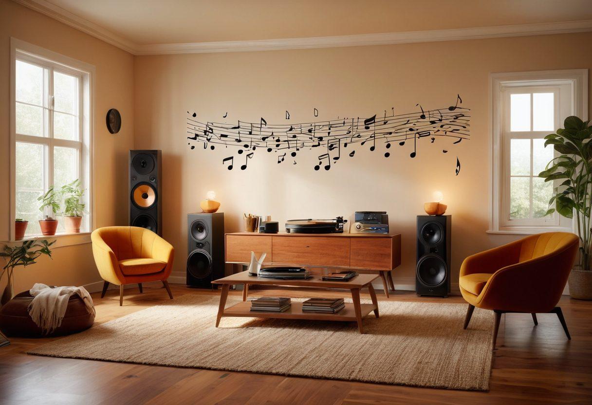 A serene home studio setting showcasing high-end audio equipment, with vibrant musical notes floating in the air, symbolizing sound quality and musical adjustment. Include a vinyl record player, headphones, and sound wave graphics emanating from a speaker. Warm lighting to evoke a cozy atmosphere, inviting viewers to explore their audio journey. super-realistic. vibrant colors. warm tones.